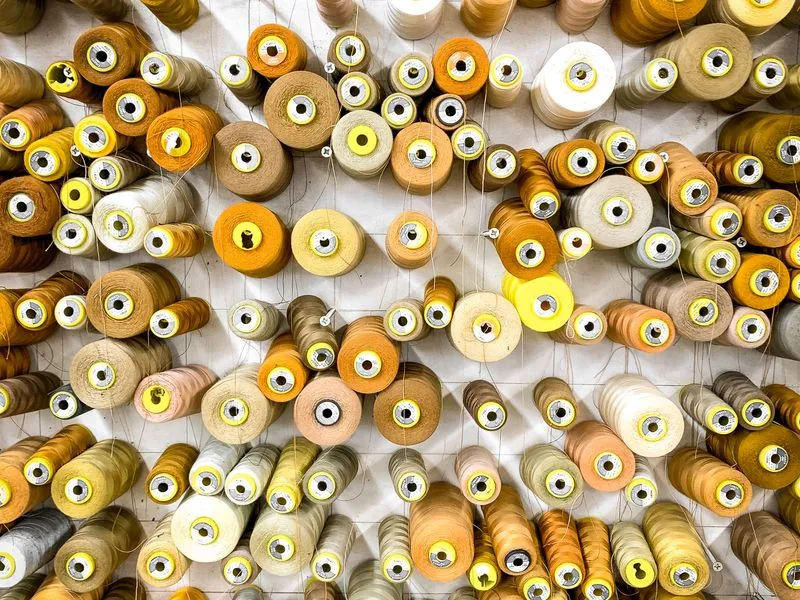 Gold embroidery thread detailing on navy fabric